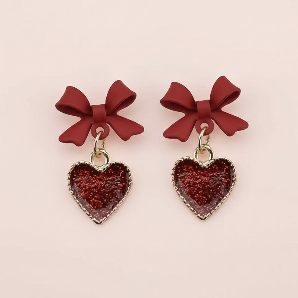 Red Bow Heart Earring