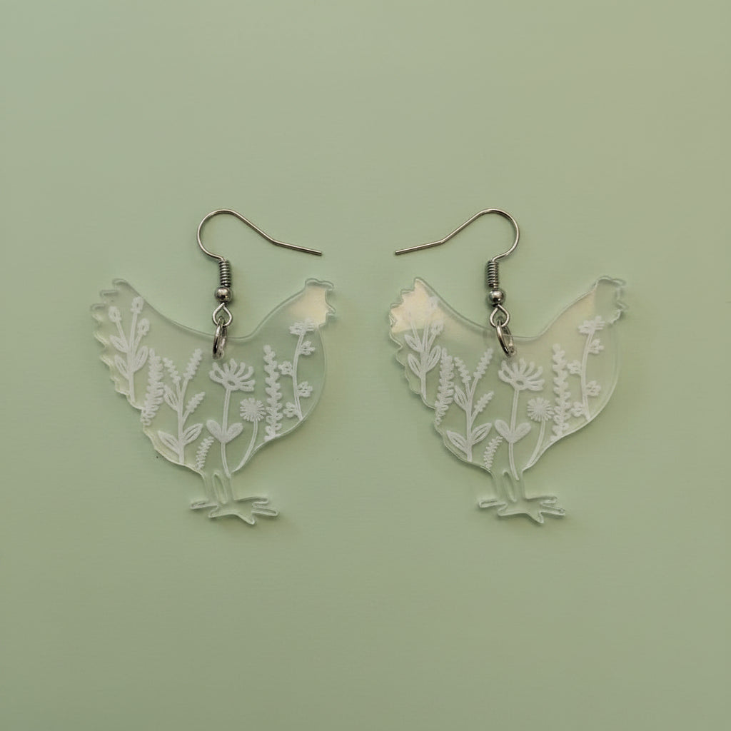 White Floral Chicken Earring